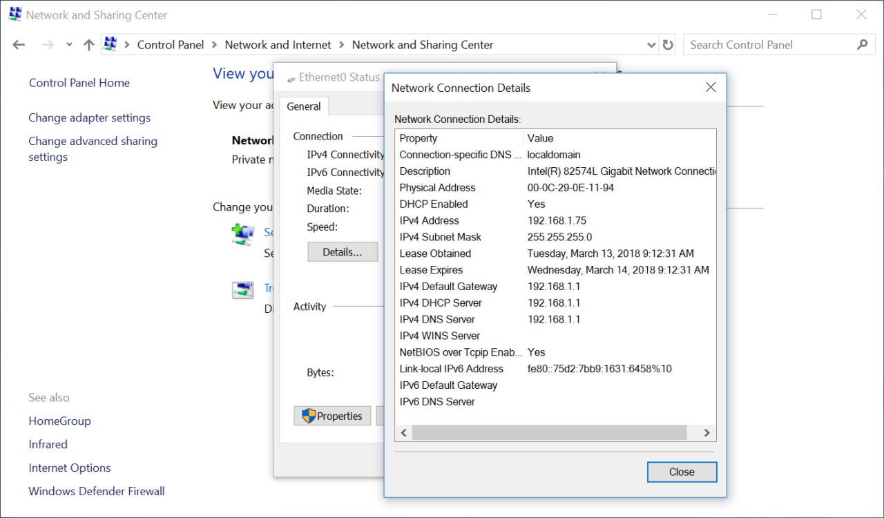 windows find ip address control panel