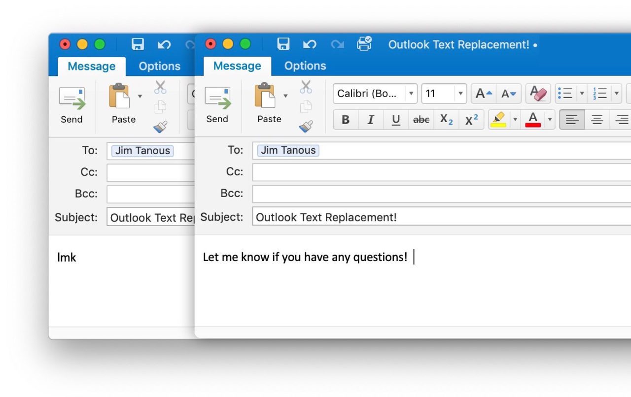 outlook email testing autocorrect text replacement