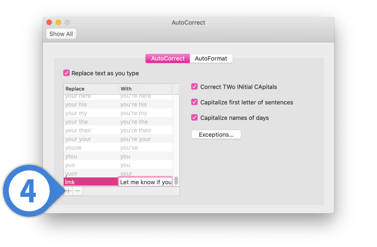office autocorrect text replacement mac