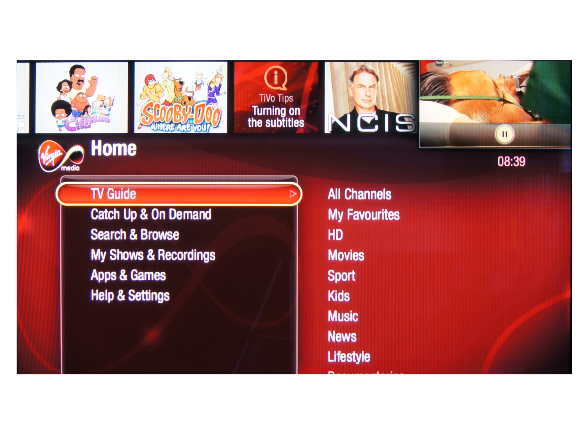 Virgin Media TiVo - home screen