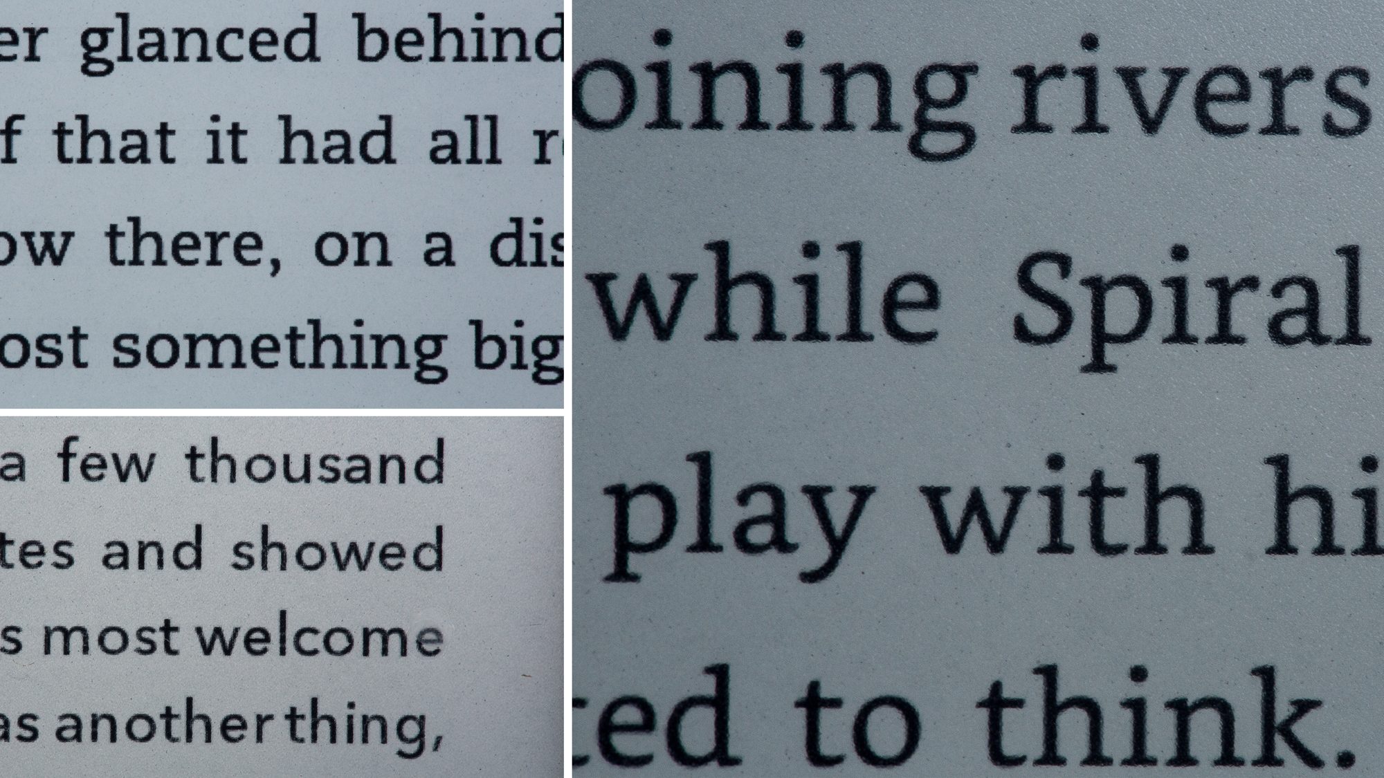 A close-up of the Kindle Voyage (top left), Kindle Paperwhite (2015) (right) and Kobo Glo HD screens (bottom left)