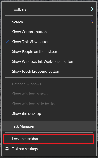 Windows 10 Taskbar menu
