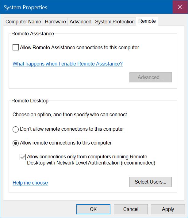 allow remote connections to this computer